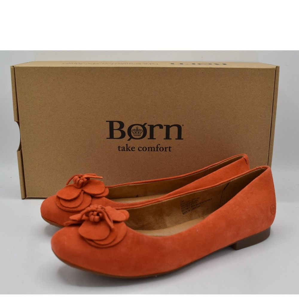 Born Petula Ballet Flats Women 7 Orange Suede Flower Applique Round Toe Coquette